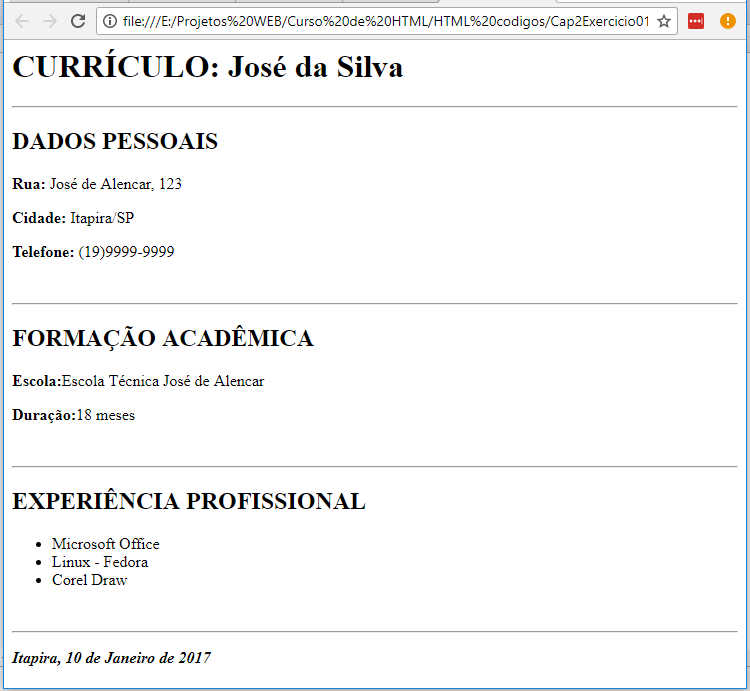 Curso de HTML - Exercício de Currículo
